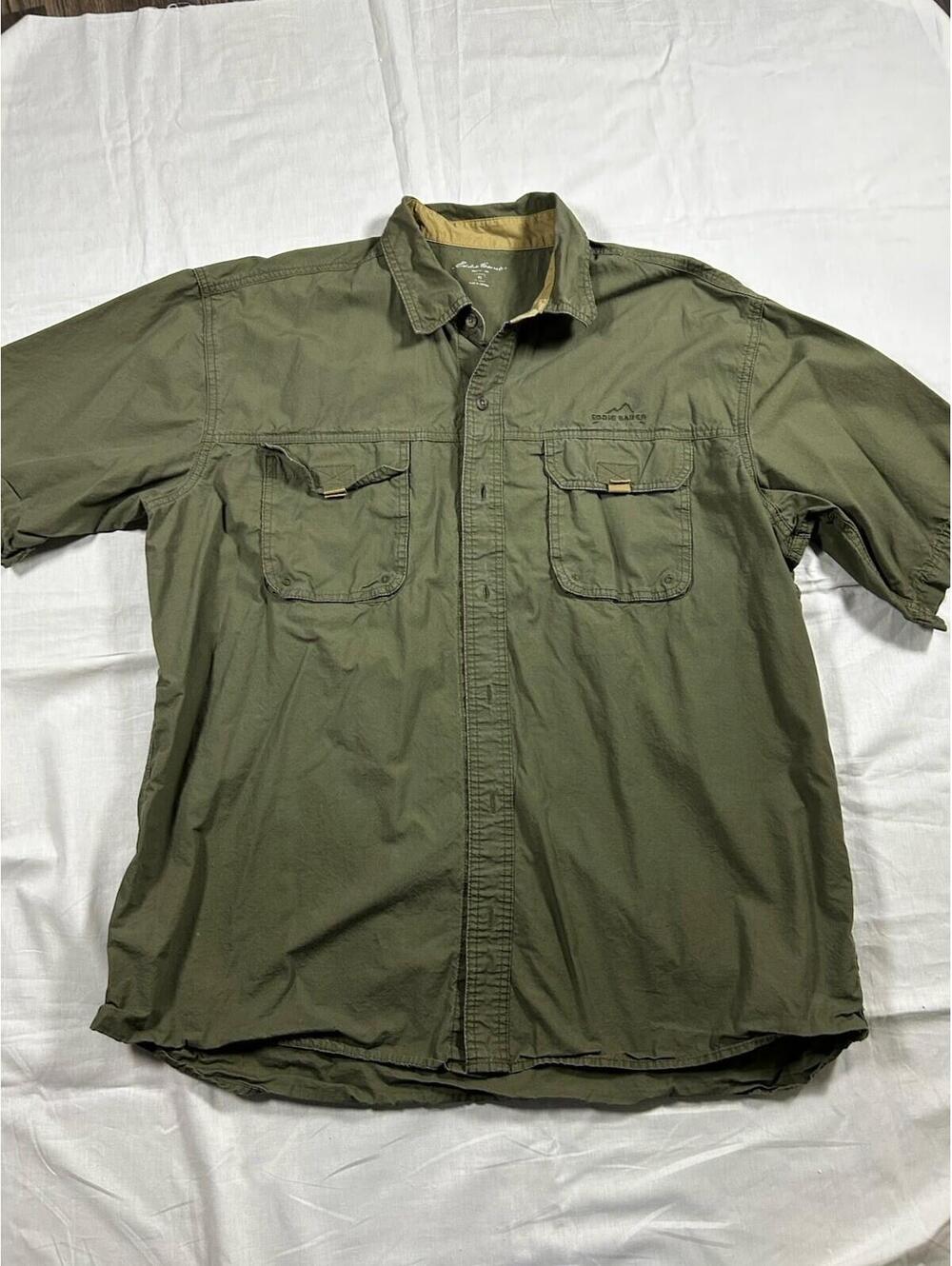 Eddie Bauer Outdoor Shirt Men's XL Green Button Front Durable Ripstop Material